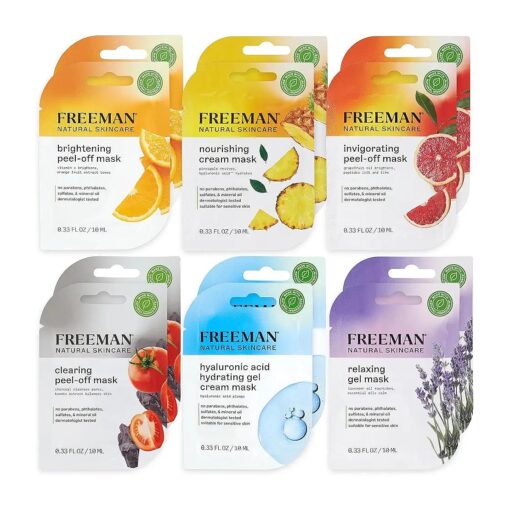 Freeman Naturals Facial Mask Variety Bundle, Peel-Off, Gel & Cream Face Masks, Hydrating, Brightening, & Nourishing Skincare, Natural Ingredients, Travel Size, 0.33 fl, oz./10 ml Sachets, 12 Count