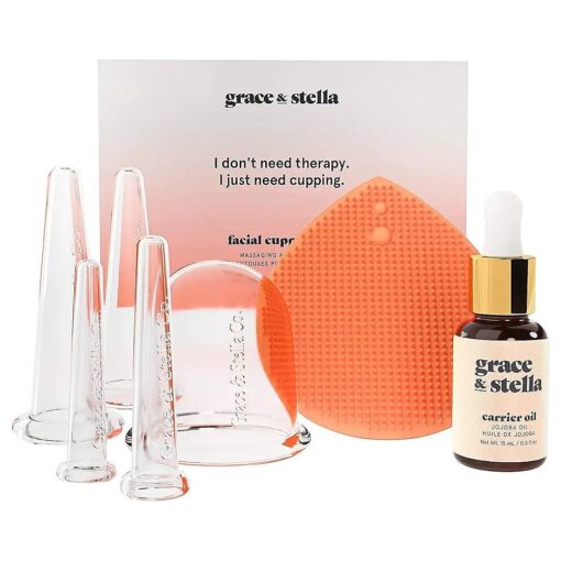 Facial Cupping ( 7-Pc Set ) - Face Cupping Set - Facial Suction Cups With Jojoba Oil & Cleansing Brush To Reduce Appearance Of Fine Lines - Face Suction Cup Set For Lymphatic Drainage by grace & stella