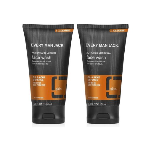 Every Man Jack Activated Charcoal Oil and Acne Defense Skin Clearing Face Wash For Men - Deeply Cleanse Pores and Prevent Acne Breakouts with Salicylic Acid + Coconut Oil - 5 oz Mens Face Wash - 2pack