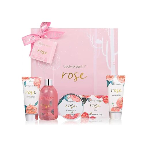 Bath and Body Gift Set for Women, Body & Earth 5 Pcs Rose Spa Set Gifts for Women, Self Care Kit, Lotion Sets for Women, Mothers Day Gifts