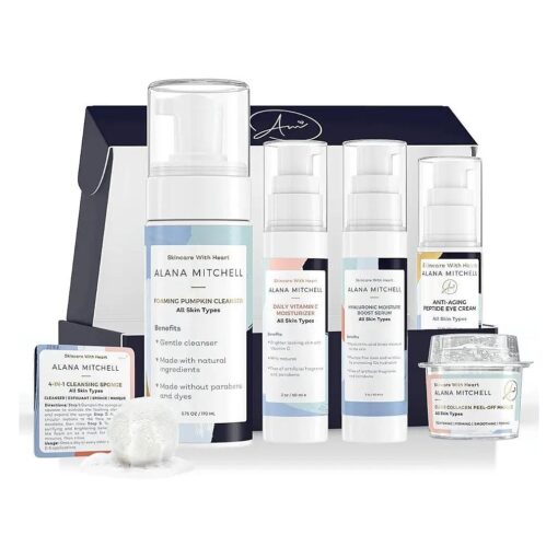 Alana Mitchell At Home Facial Kit ( 7 Pc Set ) - Multiple Facials w/Eye Cream, Face Cleanser, Vitamin C Moisturizer, Hyaluronic Acid Serum, Facial Mask & Exfoliating Sponge ( x2 ) - For All Skin Types