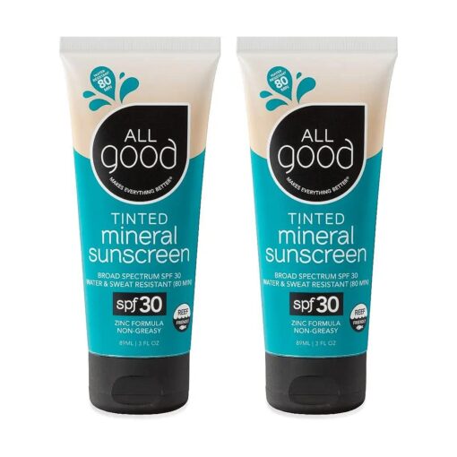 All Good Tinted Mineral Sport Sunscreen Lotion for Face & Body - UVA/UVB Broad Spectrum, SPF 30, Coral Reef Friendly, Water Resistant, Coconut Oil, Jojoba Oil, Shea Butter, Aloe ( 3 oz ) ( 2-Pack )