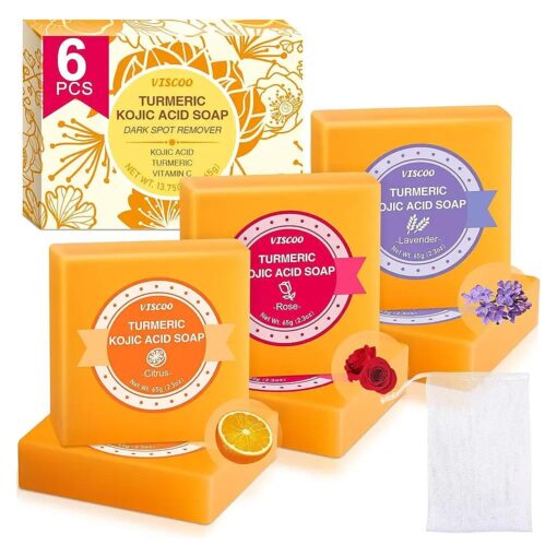 Kojic Acid Soap, 3 Fragrances Turmeric Soap Bar, Dark Spot Remover for Face and Body, Contains Vitamin C, Hyaluronic Acid, Shea Butter, Even Tone Skin, with Bubble Net ( 6 Pack )