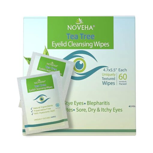 NOVEHA 60PCs Tea Tree Oil Eyelid & Lash Wipes | With Hyaluronic Acid, Green Tea & Chamomile For Blepharitis, Itchy & Stye Eyes, Individually Wrapped, Natural Eyelash Makeup Remover & Daily Cleanser