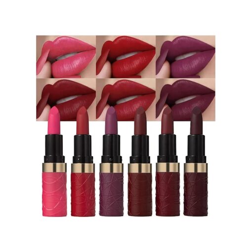 evpct 6Pcs Pink Dark Ruby Wine Red Plum Purple Matte Lipstick Sets for Women Velvet Lipstick Long Lasting Waterproof 24 Hours Lip Stick Stain Makeup Gift Set labiales mate 24 horas originales B