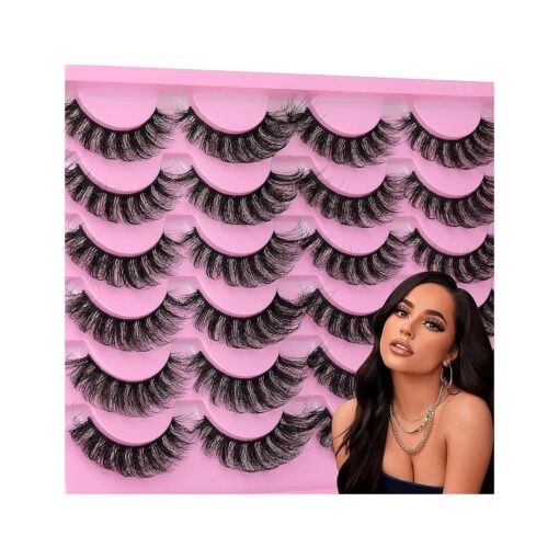 Yawamica False Lashes Fluffy Wispy 16mm Mink Lashes Pack 12 Pairs 5D Volume Fake Eyelashes Cat Eye Natural Look