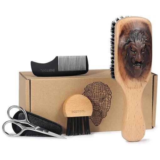 Beard Brush, BESTOOL Boar Bristle Beard Brush Comb Set for Men Wooden Beard Brush Grooming Kit for Growth, Styling, Smoothing, Makes a Great Gift for Him