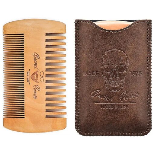 Wooden Beard Comb with Case for Men Beard, Fine & Coarse Teeth, Men 's Wood Pocket Comb for Beards & Mustaches & Hair, Brown Skull Design