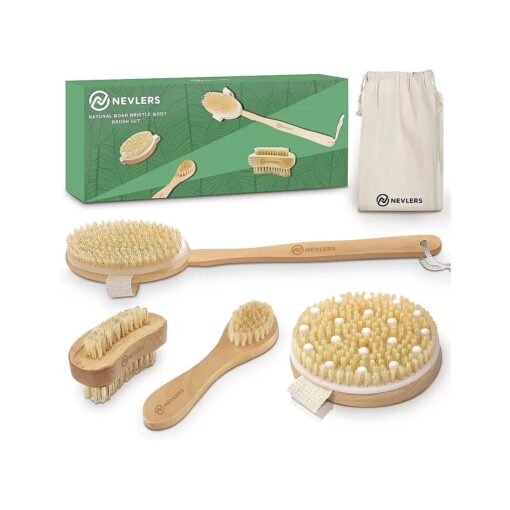 Natural Boar Bristle Body Brush Set with Detachable Cellulite Massage Brush and Long Wooden Handle for Dry Brushing Perfect Kit to Exfoliate and Get Rid of Cellulite