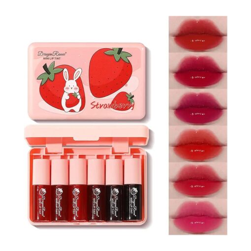 6 Colors Lip Stain Tint Set, Korean Lip Gloss Watery, Multi-use Lip & Cheek Tint Moisturizing Mini Liquid Lipstick, Long-lasting Waterproof Non-Sticky Cup High Pigment Lip Makeup