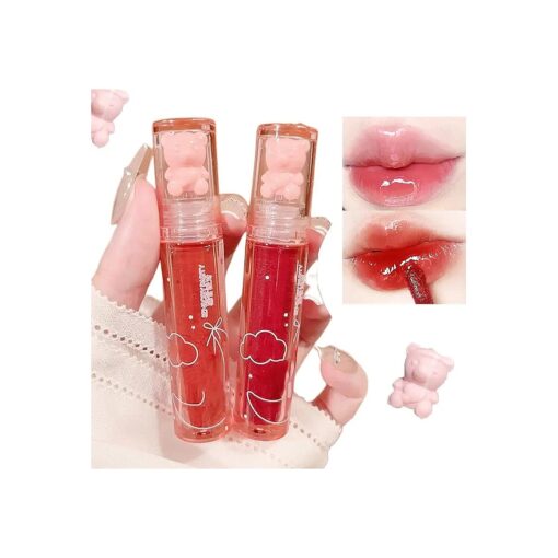 2Pcs Bear Lip Glaze Jelly Lipstick, Liquid Lipstick Cute Bear Lipgloss Moisturizing Lip Stain Plumping Water Lip Gloss Waterproof Long Lasting Cheek Rouge Tint Cosmetics Bear Beauty Makeup