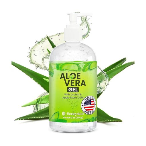 Organic Aloe Vera Gel for Face with Orchid & Apple Stem Cells - Soothing & Hydrating Aloe Gel for Sunburn Relief & After Sun Care - 100 % Aloe Vera Gel for Hair, Face & Body ( 12 Fl Oz )