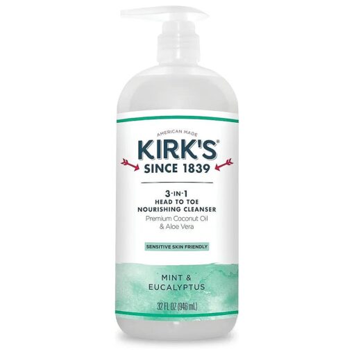 Kirk 's 3-in-1 Castile Liquid Soap Head-to-Toe Clean Shampoo, Face Soap & Body Wash for Men, Women & Children | Mint & Eucalyptus Scent | 32 Fl Oz .