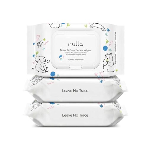 Nolla Baby Nose and Face Wipes with Saline, Vitamin E, & Aloe | Unscented | Compostable, 90 Count ( 3 Packs of 30 )