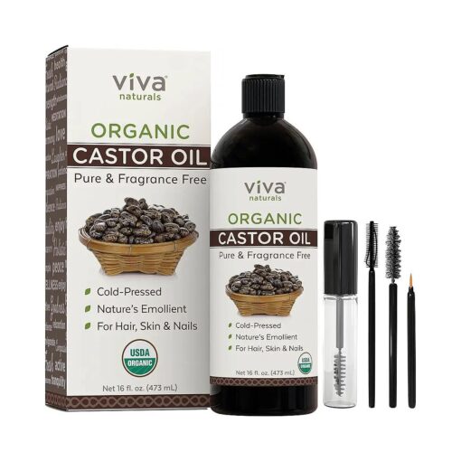 Viva Naturals Organic Castor Oil, 16 fl oz - Cold Pressed Castor Oil for Skin, Hair and Lashes - Traditionally Used to Support Hair Growth - Certified Organic & Non-GMO - Includes Beauty Kit