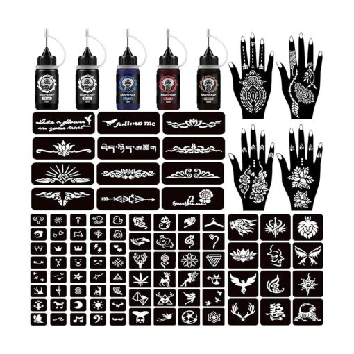 Moricher Temporary Tattoo Kits 5 Inks 102 Stencils, Henna Tattoo Kit with Mandala Stencils Semi Permanent Tattoo Markers Jagua Gel for Women Men Kids DIY Art Painting Party Gifts