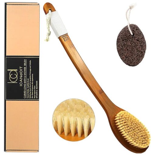 ICANdOIT-17.71Inch Natural Boar Bristles Anti-Slip Long Handle Bath Brush, Bent Handle Shower Scrubber for Exfoliating, Shower Back Brush, Exfoliation Set with Pumice Stone ( 1 Pack )