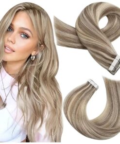 Moresoo Highlight Tape in Hair Extensions Blonde Tape in Extensions Human Hair for Short Hair Light Brown Highlighted with Blonde Hair Extensions Tape in Real Human Hair 12 Inch # P9A/60 20pcs 30g