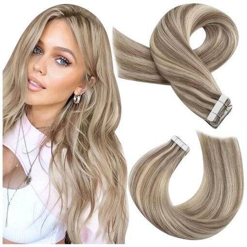 Moresoo Highlight Tape in Hair Extensions Blonde Tape in Extensions Human Hair for Short Hair Light Brown Highlighted with Blonde Hair Extensions Tape in Real Human Hair 12 Inch # P9A/60 20pcs 30g