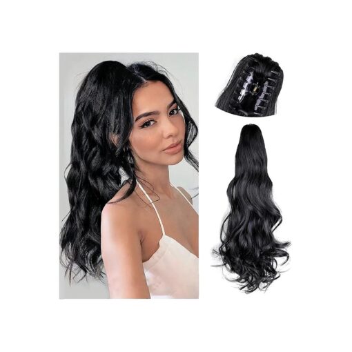 Ponytail Extension 22Inch Claw Clip In Ponytail Hair Extensions 150g/pack Pony Tail Extensions Natural Wavy Synthetic Curly Hairpiece For Women ( Black,1B )