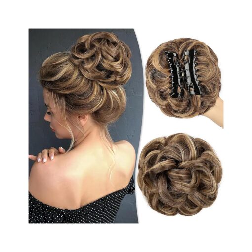 Messy Hair Bun Hair Pieces Clip in Claw Hair Bun Wavy Curly Tousled Updo Hairpieces for Woman Scrunchies Synthetic Chignon Hair Extension