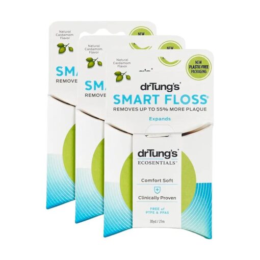 DrTung 's Smart Floss - Natural Floss, PTFE & PFAS Free Floss, Gentle on Gums, Expands & Stretches, BPA Free Floss - Natural Dental Floss Cardamom Flavor ( Pack of 3 )