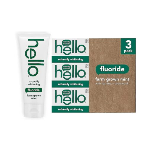 Hello Naturally Whitening Fluoride Toothpaste, Natural Peppermint Flavor and Tea Tree Oil, Peroxide Free, Gluten Free, SLS Free, 3 Pack, 4.7 OZ Tubes