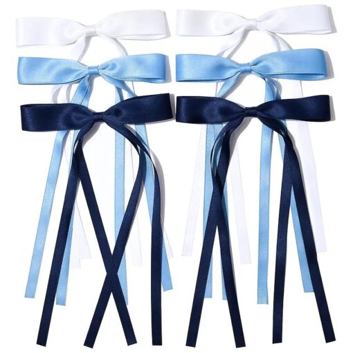 6PCS Hair Bows for Women Hair Clip Hair Tassel Hair Ribbon Ponytail Holder Accessories Slides Metal Clips Barrettes Girls Toddlers Teens Navy Blue White