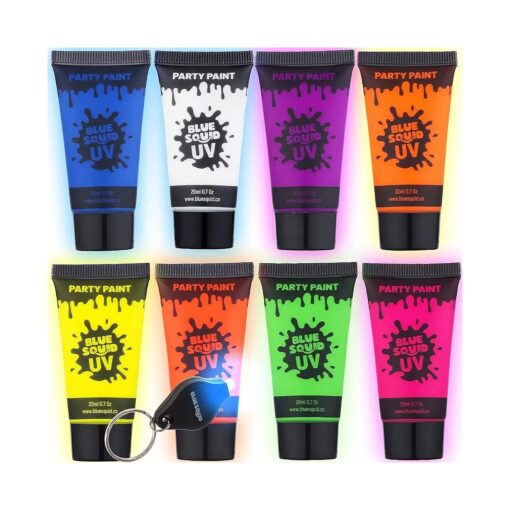 Blue Squid UV Body Paint, Blacklight Glow Makeup Kit, Fluorescent Face Paints, 8 Neon Body Paint Colors, Mini UV light, Neon Body Paints Adults & Kids