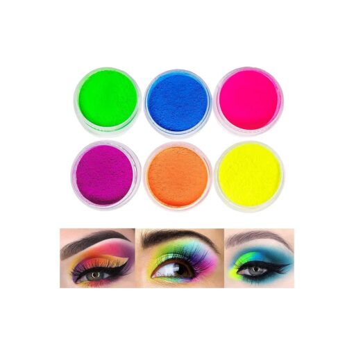 Neon Pigment Eyeshadow Powder UV Reactive Glow in the Blacklight 6 Mixed Bright True Colors for Body/Eyeshadow, Carnival Party Halloween Makeup ( 6NE )