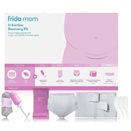 Frida Mom C-Section Recovery Must Have Kit for Labor, Delivery, & Postpartum, Socks, Peri Bottle, Disposable Underwear, Abdominal Support Binder, Shower Wipes, Silicone Scar Patches, & Toiletry Bag