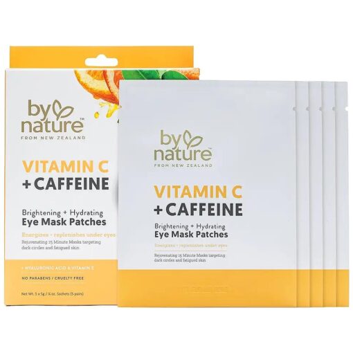 By Nature Vitamin C + Caffeine Brightening + Hydrating Under Eye Mask Patches - Energizing + Replenishing Eye Patches for Dark Circles - Skincare from New Zealand - Under Eye Patches - 5 Pairs