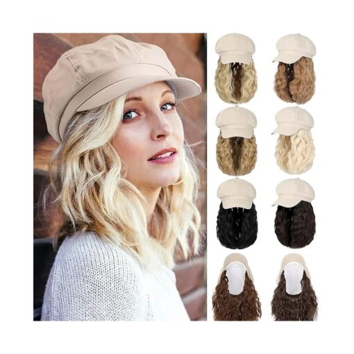 Qlenkay Newsboy Cap with Bob Hair Extensions Khaki Hat Wig 8 Panel Visor Beret Attached Synthetic 14" Short Curly Wavy Hairpiece for Woman Ginger Blonde Mix Bleach Blonde