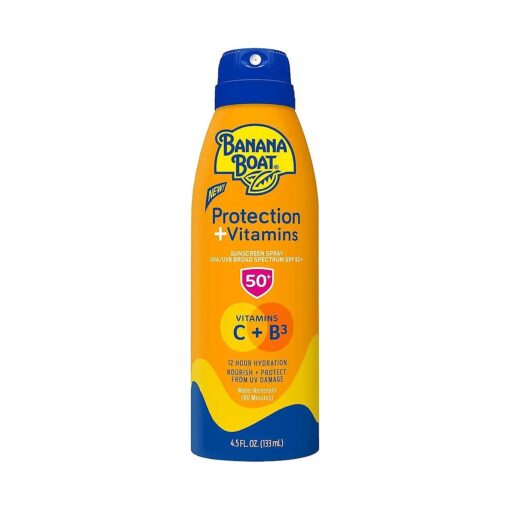 Protection + Vitamins Sunscreen Spray SPF 50 | Moisturizing Sunscreen with Vitamin C & Niacinamide | Banana Boat Spray Sunscreen, Vitamin B3 & Vitamin C Sunscreen, 4.5 oz .