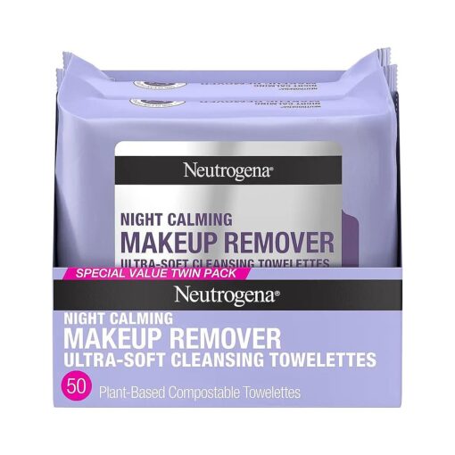 Neutrogena Makeup Remover Night Calming Cleansing Towelettes, Disposable Nighttime Face Wipes to Remove Dirt, Oil & Makeup, 25 ct, Twin Pack