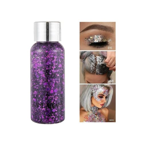 Mermaid Sequins Body Glitter Gel, Make Up Long Lasting Glitter for Body Face Hair Eyeshadow, Music Festival Party Carnival Long Lasting Face Glitter, No Glue Needed and Easy to Remove, ( Purple )