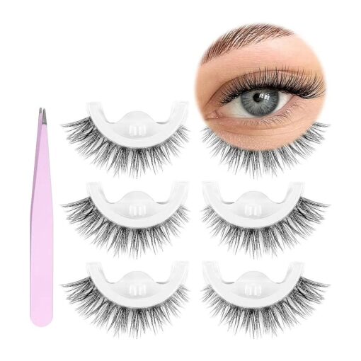 Self Adhesive Eyelashes Natural Look No Glue Needed False Lashes Reusable Self Adhesive Lashes Wispy Lashes Clear Band Eyelashes Strip Fake Eye Lashes Pack with Tweezers by GVEFETIEE