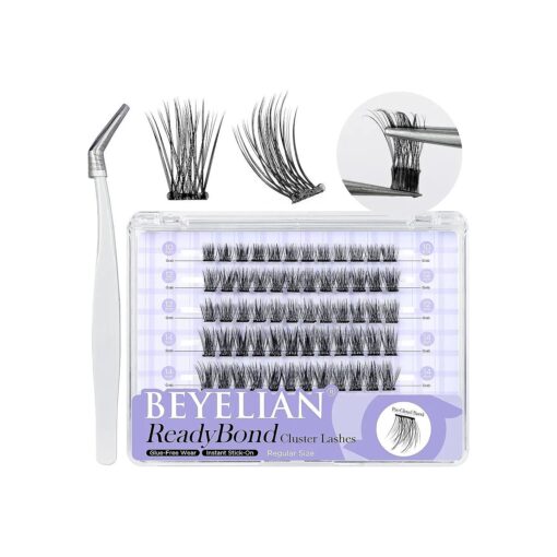 BEYELIAN Self Adhesive Lash Clusters Kit D+ Curl Press-On No Glue Needed DIY Lash Extension Reusable Cluster Lashes Fuss Free No Sticky Residue Self Application at Home 10-16mm 72 Pcs ( R06 )