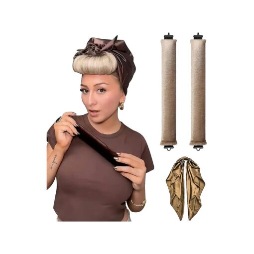 Heatless Hair Curler Overnight Curls Blowout Rods Headband No Heat Curlers to Sleep in Large Rods Hair Rollers Blowout Look for Short Hair Styling Tools Silk Hair Wrap Curling Set Khaki