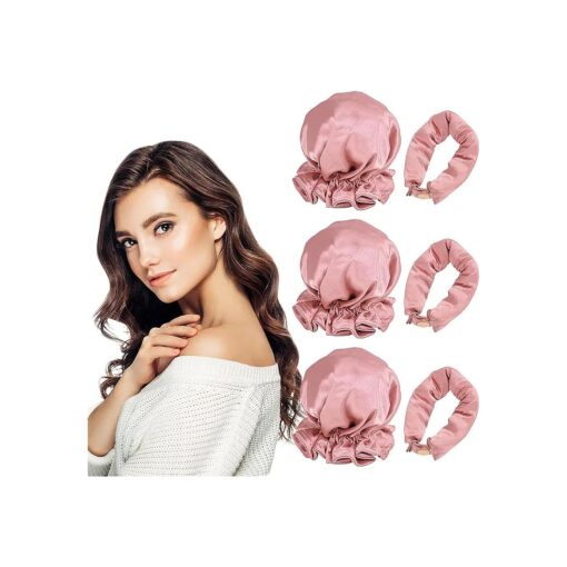 New Satin Heatless Hair Curler 6 Pcs, Sleep Hair Curling Tool for Women 3 Set, Soft Silk Heatless Curling Hair Rollers with Cap, No Heat Curling Headband for All Hair Types ( Pink )