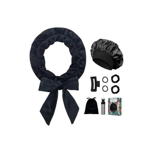 No Heat Hair Curlers to Sleep In Overnight Curls Headband, 70" Long Soft Hair Curler No Heat Curling Headband Ribbon Curl Wrap for Long Hair Rollers, 9 PCS Curling Rods Set with Bonnet -Black