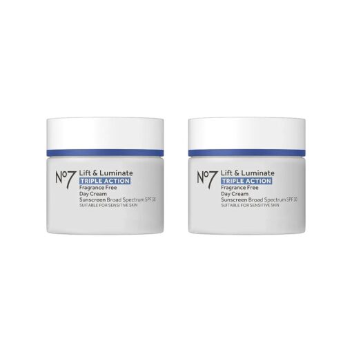 No7 Lift & Luminate Triple Action Fragrance Free Day Cream SPF 30 - Broad Spectrum Anti-Aging Face Cream - Hydrating Hibiscus Peptides & Hyaluronic Acid + Emblica & Vitamin C ( 2 pack, 50 ml each )