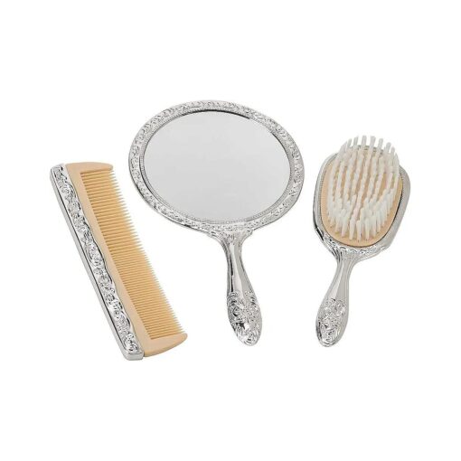 Nickel Plated Brass, Non-Tarnished 3-Piece Vanity Set, Brush, Comb, Mirror Set with Embossed Ornate Vintage Designs, Gift Box Included