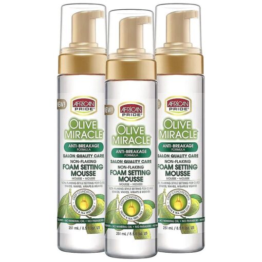 African Pride Olive Miracle Non-Flaking Foam Setting Hair Mousse ( 3 Pack ), Long-Lasting Frizz & Shine Control for Curls, Braids, Weaves, Wigs, Waves & Wraps, 8.5 oz