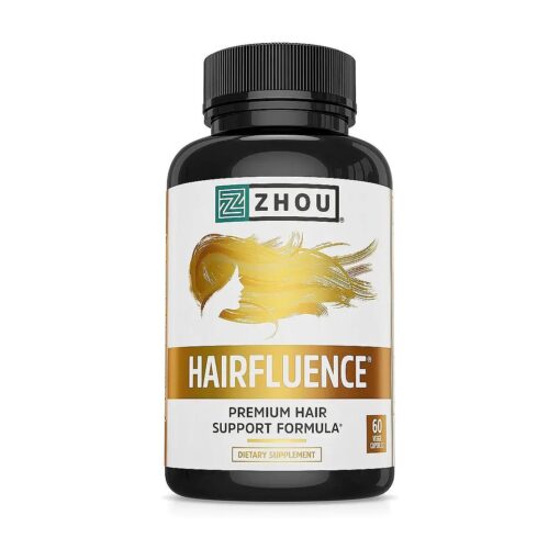 Zhou Hairfluence, Hair Growth Supplement with Biotin 5000mcg, Collagen, Keratin, Vitamin A, C, D3 & B12, Stronger Hair Skin and Nails, Non-GMO, Gluten Free, 60 Veg Caps