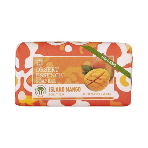 Desert Essence, Island Mango Soap Bar 5 oz, - Non-GMO - Gluten Free - Vegan - Cruelty Free - Sustainable Palm Oil -Mango Seed Butter & Aloe - Softens & Cleanses Skin - Tropical Mango Scent