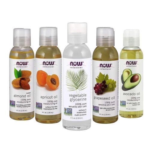 New Now Foods Solutions 5 Pack - Carrier Oil Gift Set : Almond Oil - Grapeseed Oil - Avocado Oil - Apricot Oil - Vegetable Glycerine Oil 100 % Natural Moisturizing Massage 4 Oz