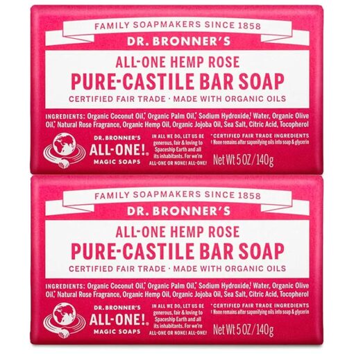 Dr. Bronner 's - Pure-Castile Bar Soap ( Rose, 5 ounce, 2-Pack ) - Made with Organic Oils, For Face, Body and Hair, Gentle and Moisturizing, Biodegradable, Vegan, Cruelty-free, Non-GMO