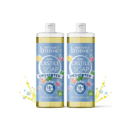 Brittanie 's Thyme Pure Castile Liquid Soap Refill | For Hair & Body, Gentle and Pure, Made with Natural Luxurious Oils, Vegan & Gluten Free Non-GMO ( Unscented, 32 oz ( Pack of 2 ) )