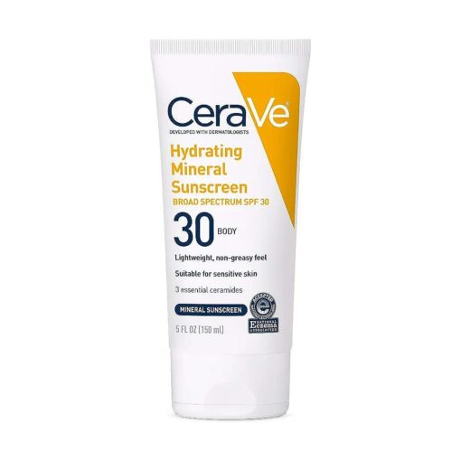 CeraVe 100 % Mineral Sunscreen SPF 30 | Body Sunscreen with Zinc Oxide & Titanium Dioxide | Hyaluronic Acid & Ceramides | Oil Free | Non-Greasy | Hydrating Mineral Sunscreen For Body | 5 oz